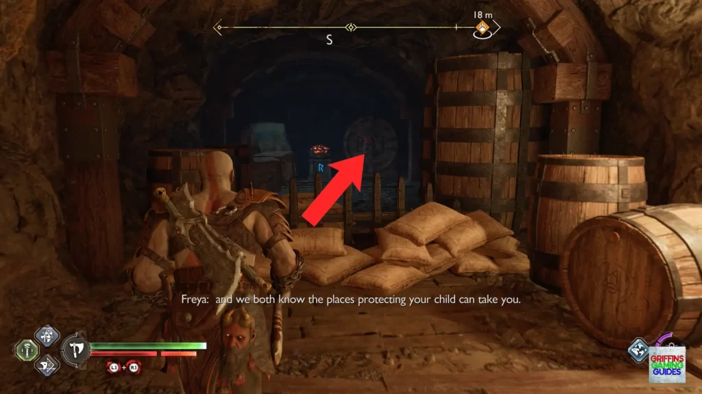 God Of War Ragnarök Nornir Chest 15 R Rune Throw Axe at Barrel