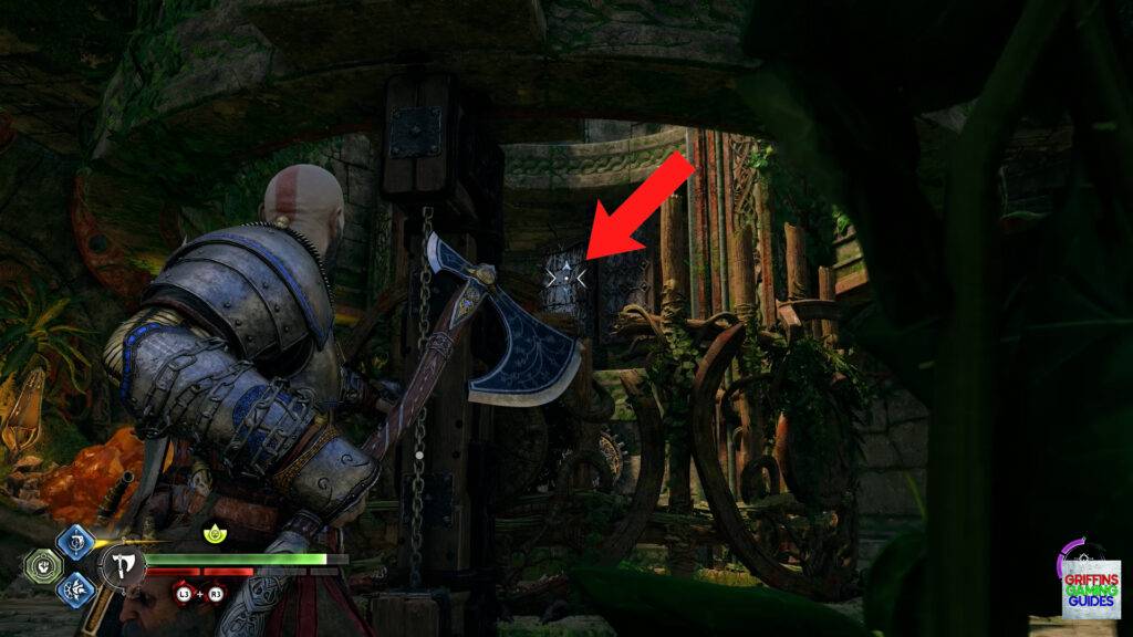 God Of War Ragnarok Crater Hunt Path Of Destruction Throw Axe at Wooden Block to open cage