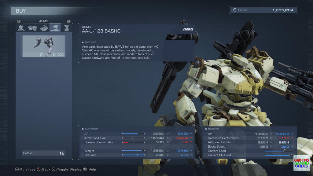 Armored Core VI Fires Of Rubicon Arms Parts Guide AA-J-123 Basho Arms