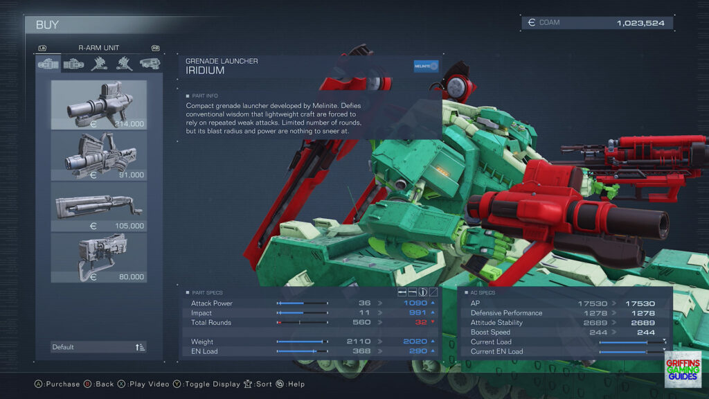 Armored Core VI Fires Of Rubicon Right Arm Parts Guide Iridium Grenade Launcher