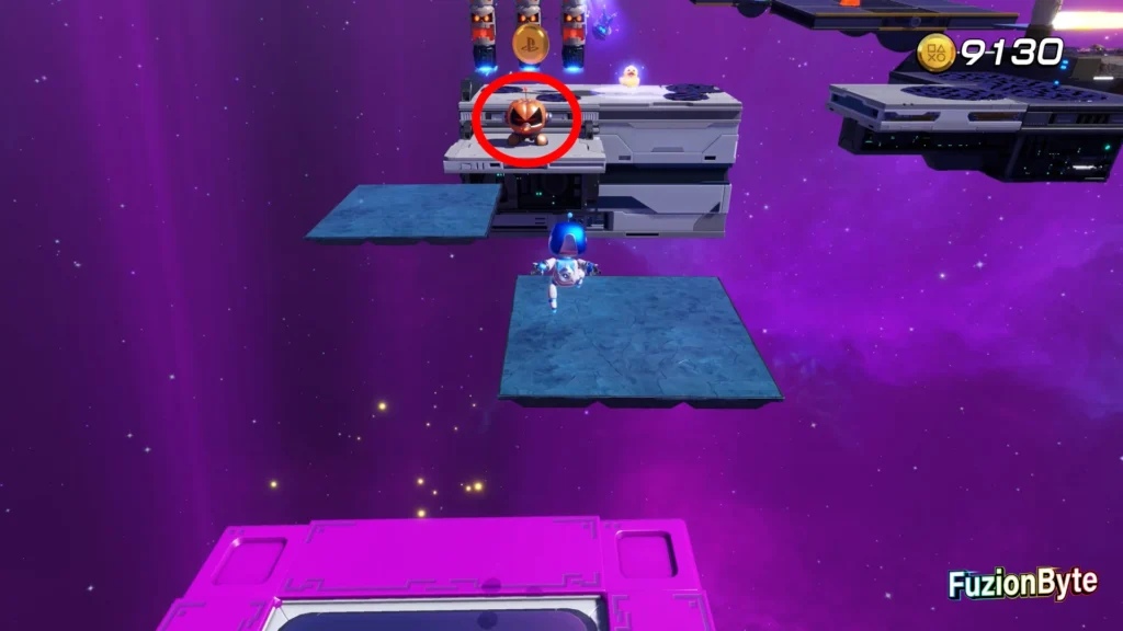 Astro Bot Camo Cosmos Splashing Sprint Bot location Jump across the platforms avoiding the Pumpkin