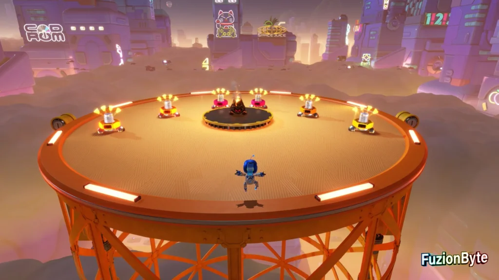 Astro Bot Feather Cluster Crumble Rumble 5 Bot location Avoid the Fire-Bolts and remove the central platform