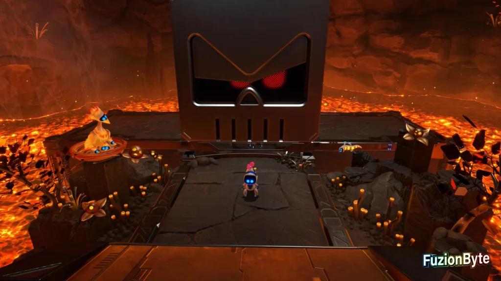 Astro Bot Lost Galaxy Rocket Full Power Bot 5, Living Relic Stand in front of the large block